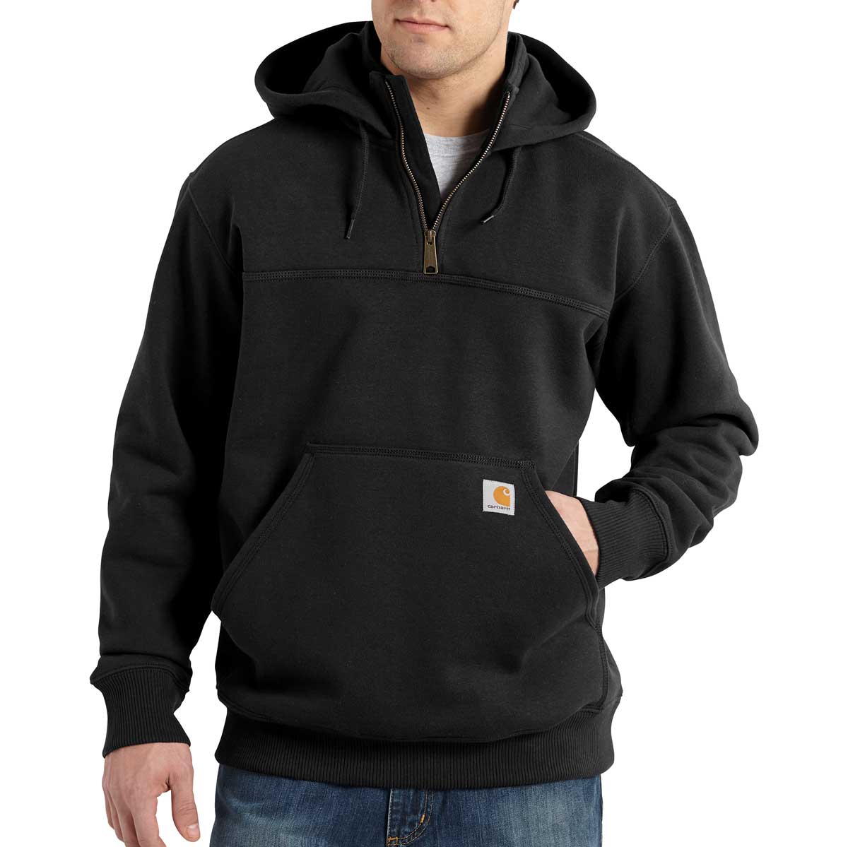 Front of black Carhartt Rain Defender Loose Fit Heavyweight Quarter Zip Sweatshirt on model