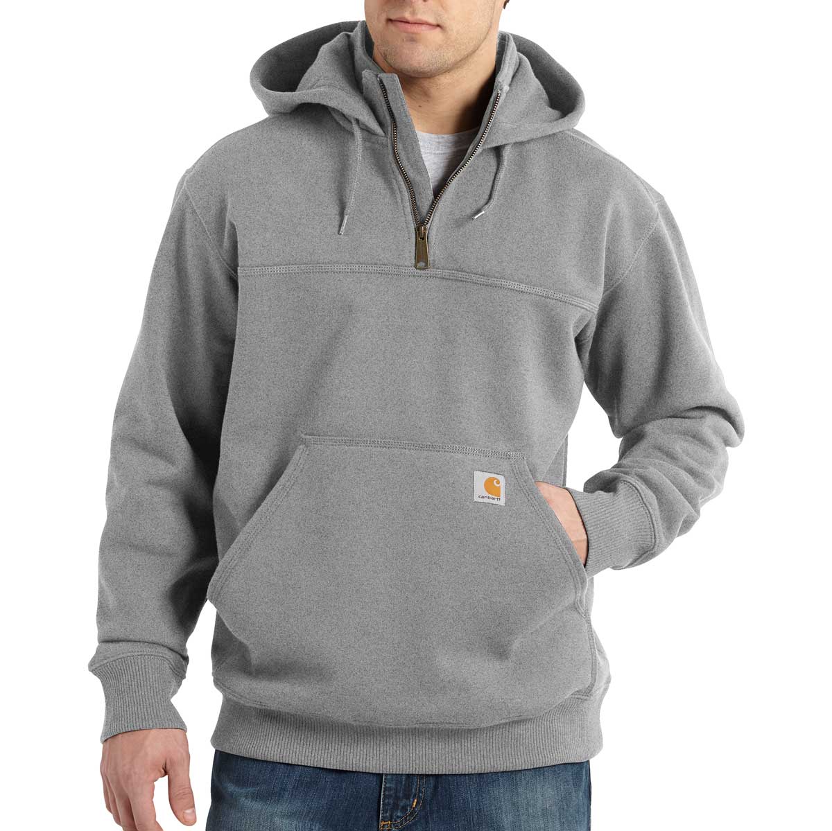 Front of heather gray Carhartt Rain Defender Loose Fit Heavyweight Quarter Zip Sweatshirt on model