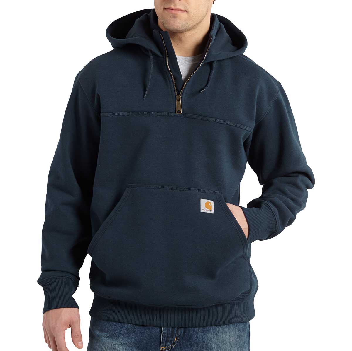 Front of new navy Carhartt Rain Defender Loose Fit Heavyweight Quarter Zip Sweatshirt on model