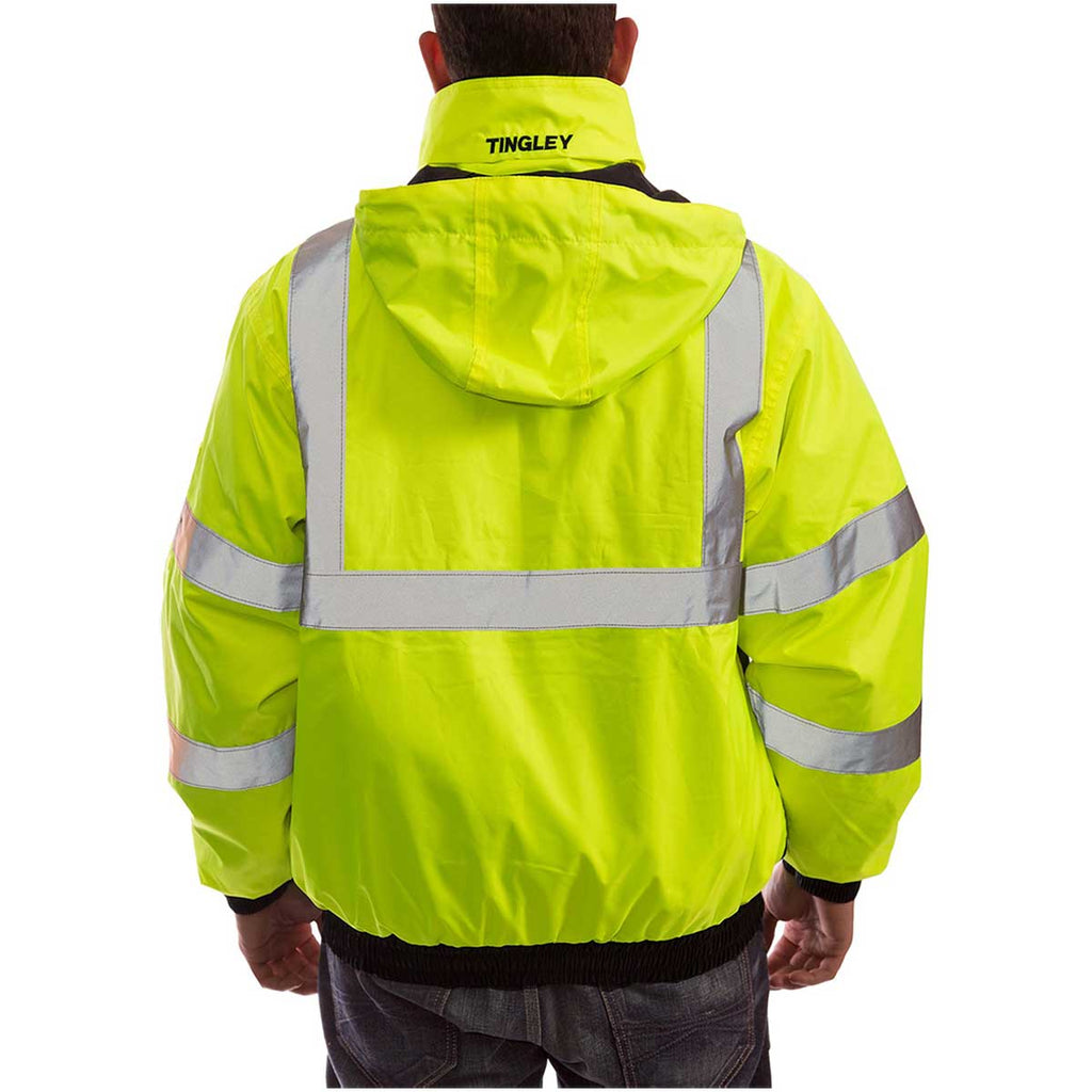 View of the back of the Tingley Bomber 3.1 ANSI Class 3 Insulated Hi-Vis Jacket with the hood out