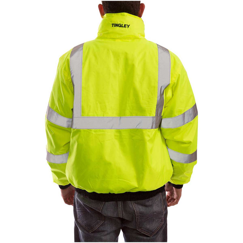 View of the back of the Tingley Bomber 3.1 ANSI Class 3 Insulated Hi-Vis Jacket with the hood stowed in the collar