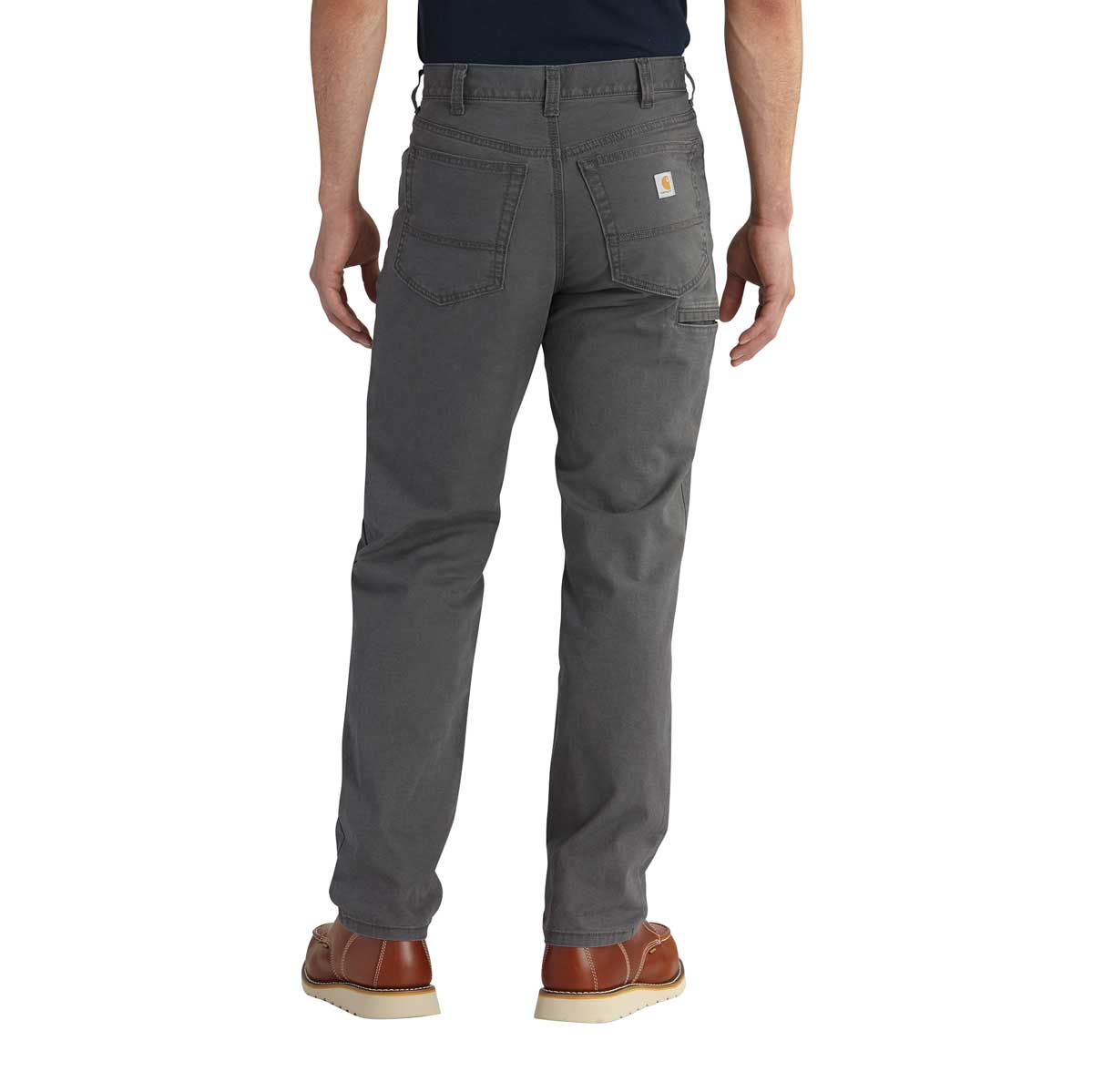 Back of Carhartt Rugged Flex Relaxed Fit Canvas 5-Pocket Work Pant, Gravel and Hickory on model