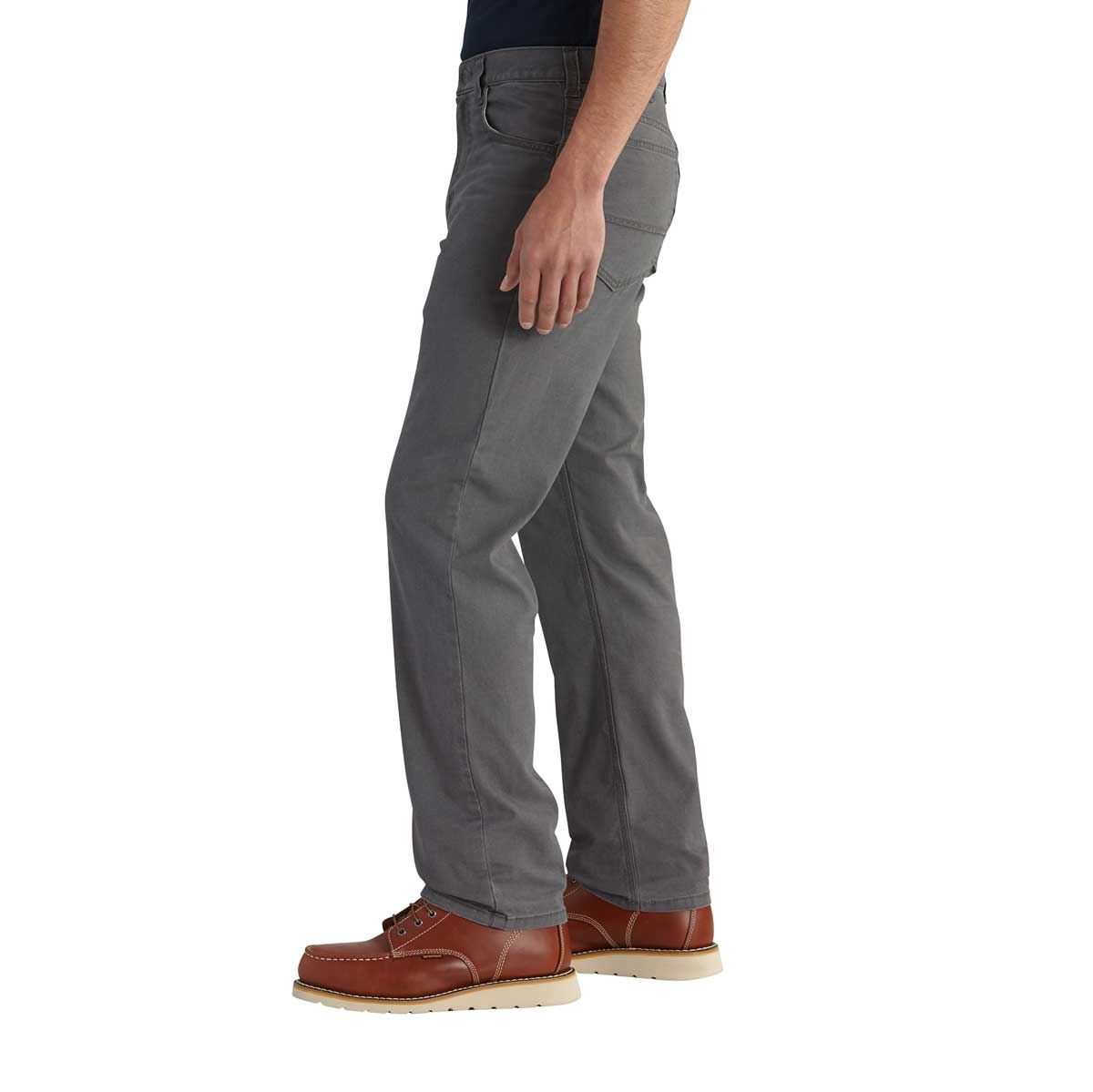 Left side of Carhartt Rugged Flex Relaxed Fit Canvas 5-Pocket Work Pant, Gravel and Hickory on model