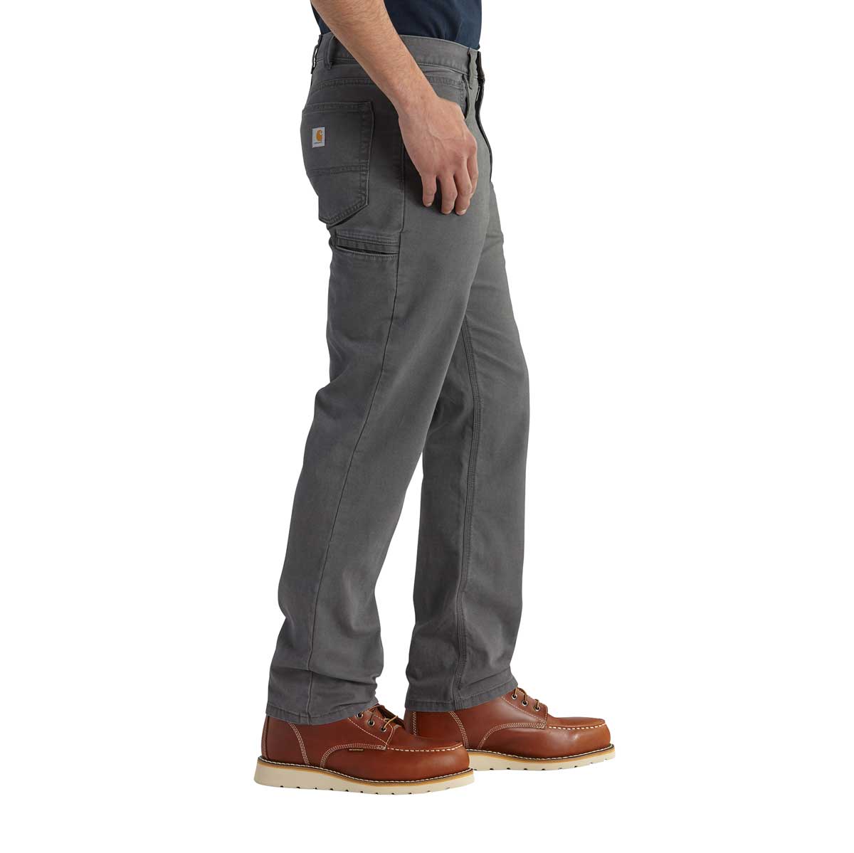 Right side of Carhartt Rugged Flex Relaxed Fit Canvas 5-Pocket Work Pant, Gravel and Hickory on model