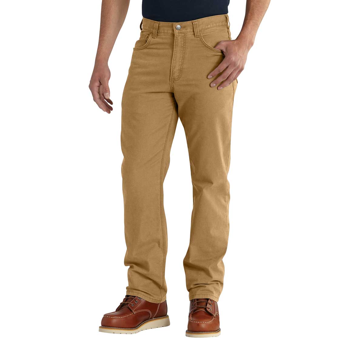 Carhartt Rugged Flex Relaxed Fit Canvas 5-Pocket Work Pant, Gravel and Hickory on model