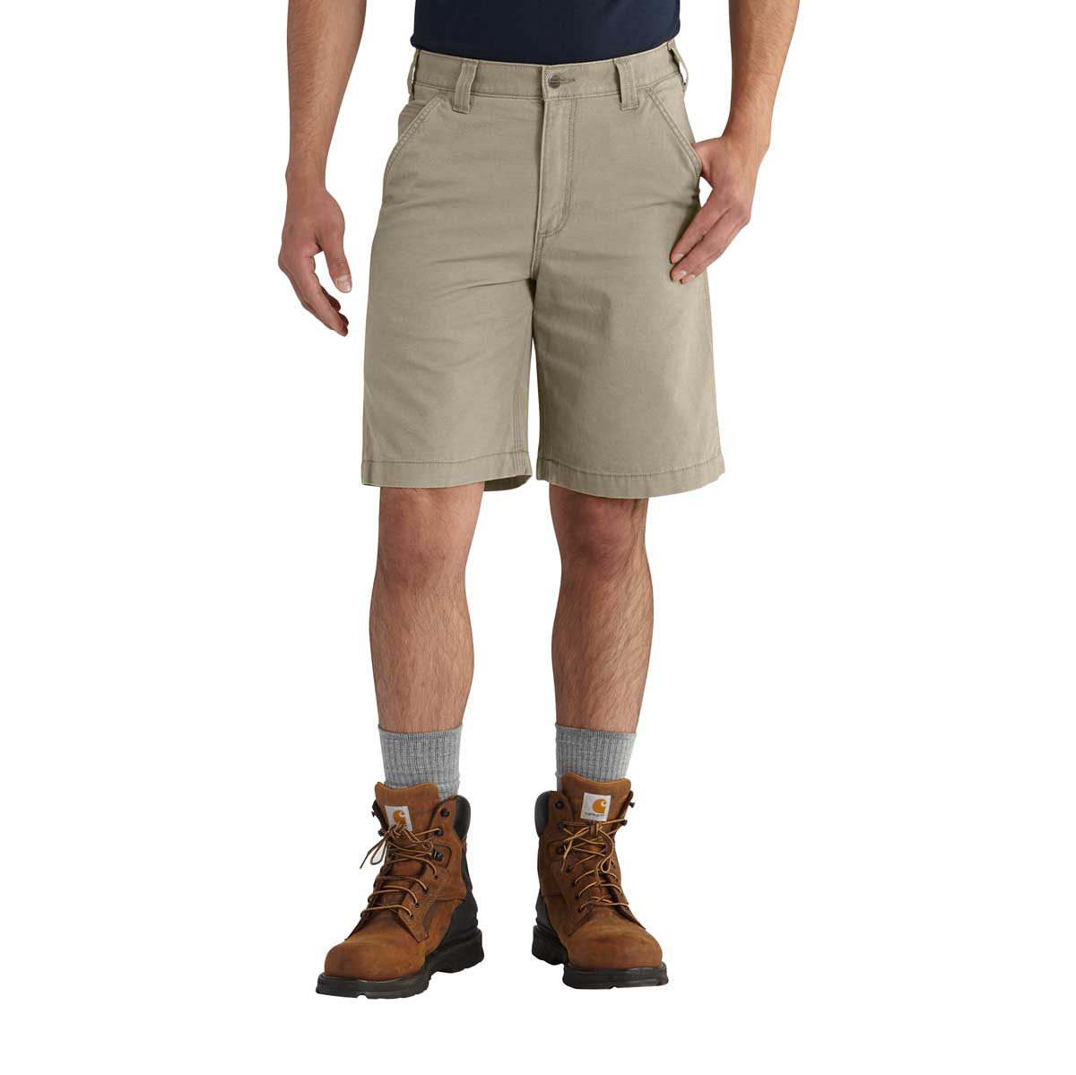 Tan Carhartt Rugged Flex Relaxed Fit Canvas Work Short on model