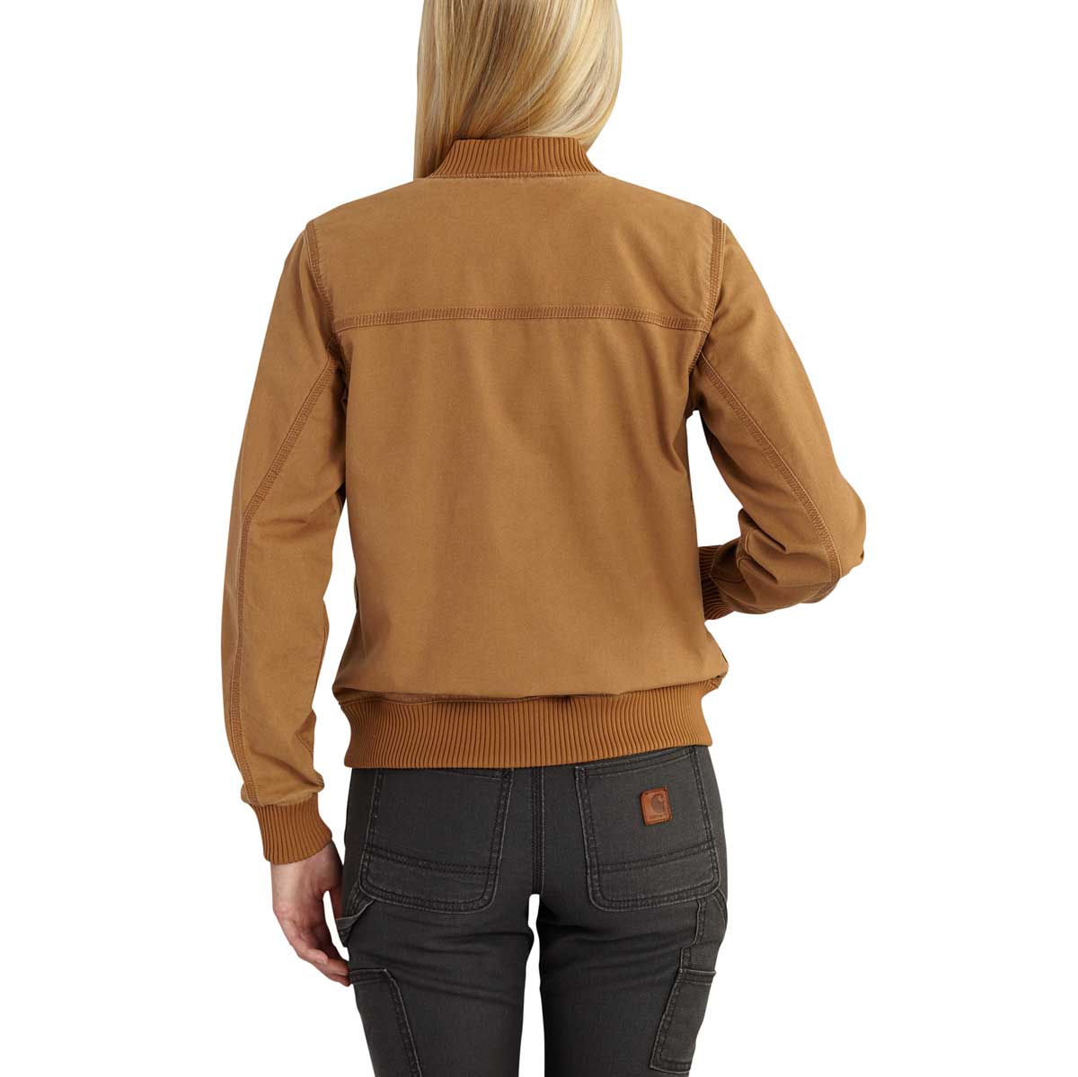 Back of Carhartt 102524 Women's Rugged Flex Relaxed Fit Canvas Jacket on model