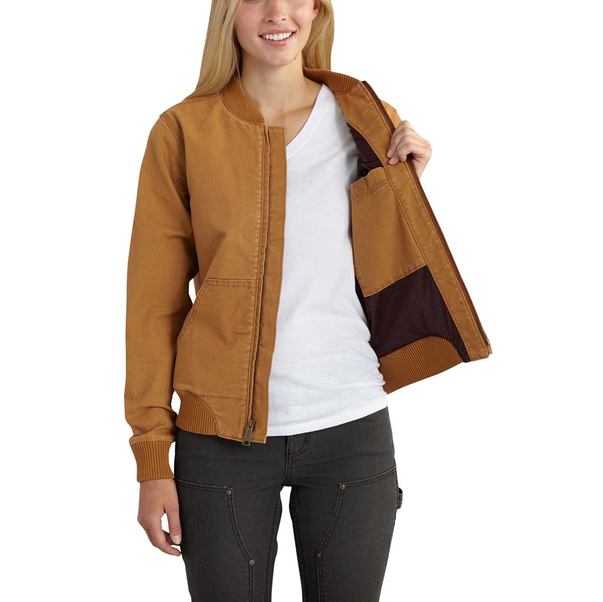 Left side of Carhartt 102524 Women's Rugged Flex Relaxed Fit Canvas Jacket on model