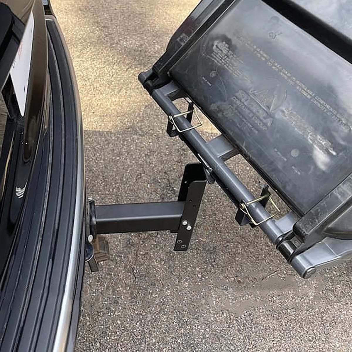 Single-Can Garbage Can Hauling Hooks, Receiver Mounted In Use+++Single-Can Garbage Can Hauling Hooks, Receiver Mounted In Use