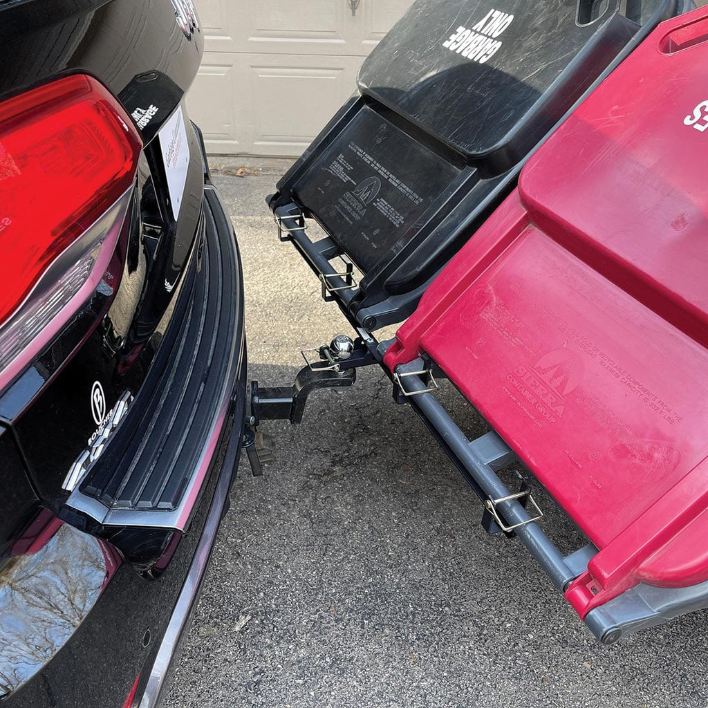 Dual-Can Garbage Can Hauling Hooks, Ball Mounted In Use+++Dual-Can Garbage Can Hauling Hooks, Ball Mounted In Use