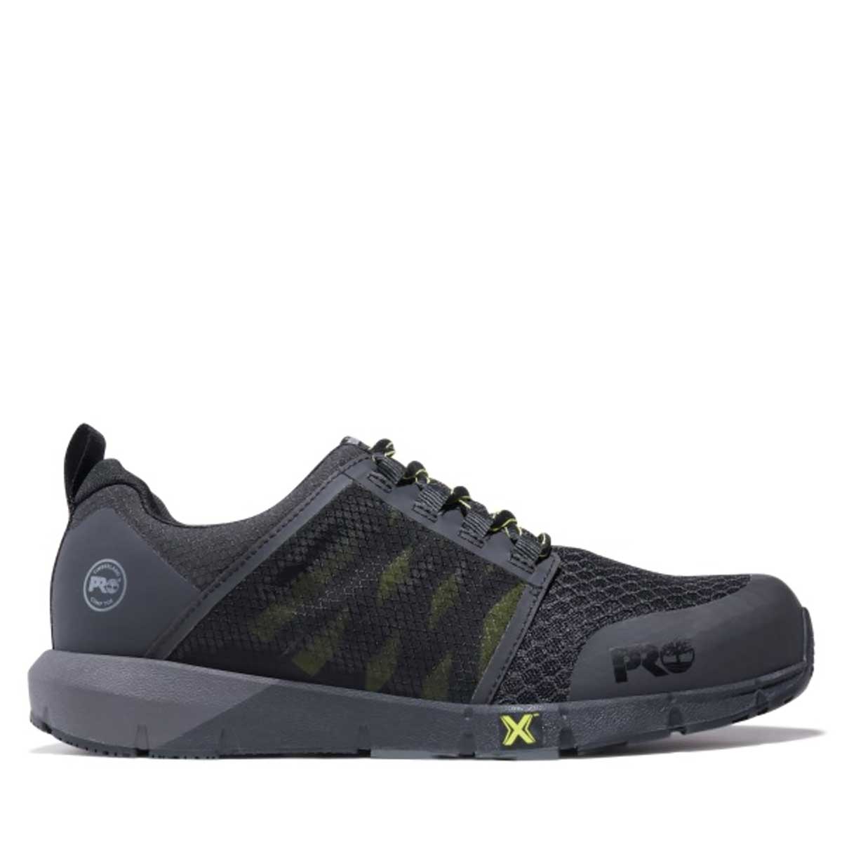 Side view of the safety yellow and black Timberland PRO Radius Composite Toe Athletic Shoe