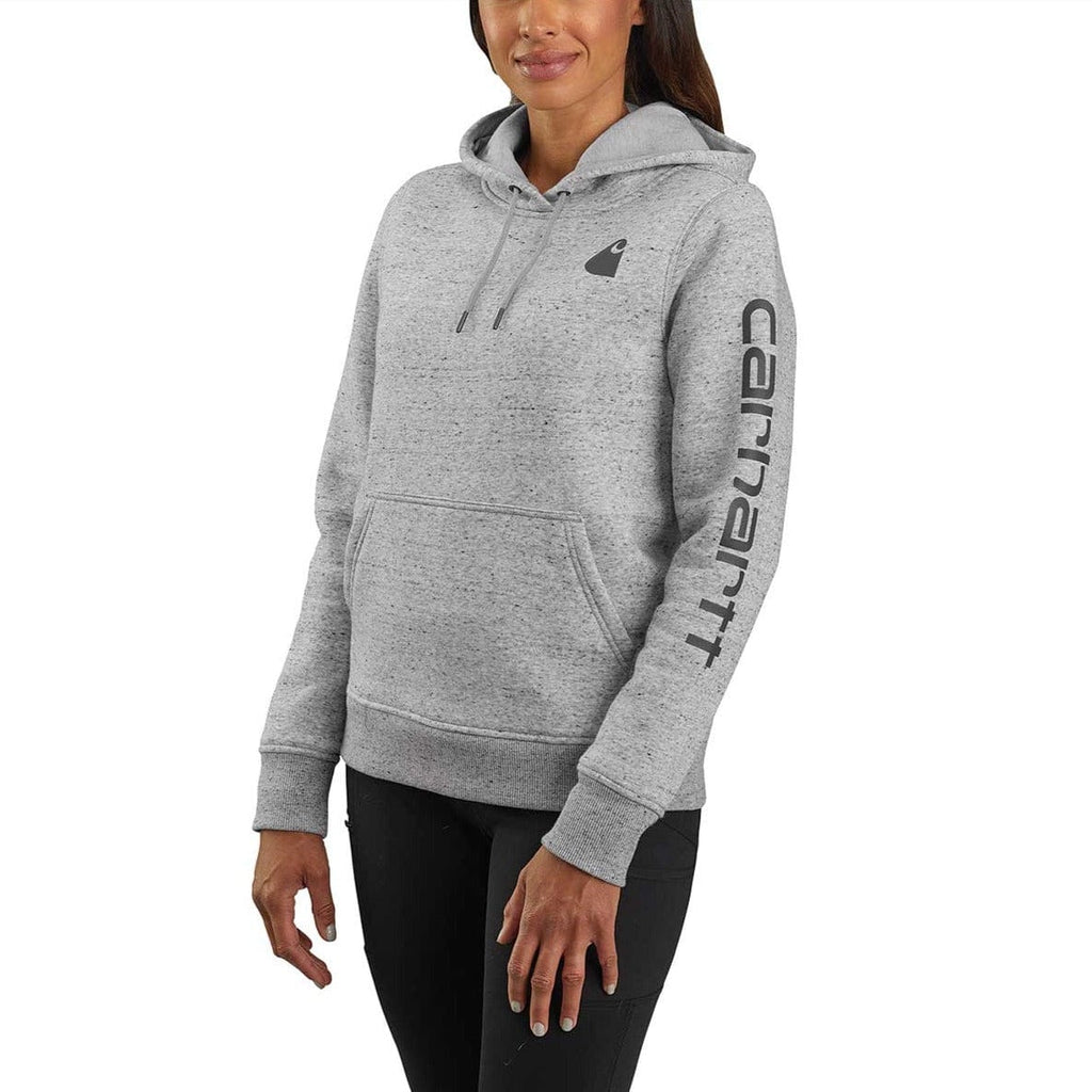 Carhartt Women's Relaxed Fit Midweight Logo Sleeve Hooded Sweatshirt on model