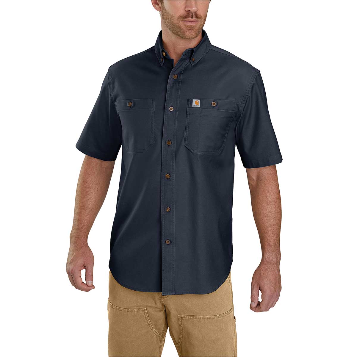 Navy Carhartt Men's Rugged Flex Relaxed Fit Midweight Canvas Short Sleeve Shirt on model