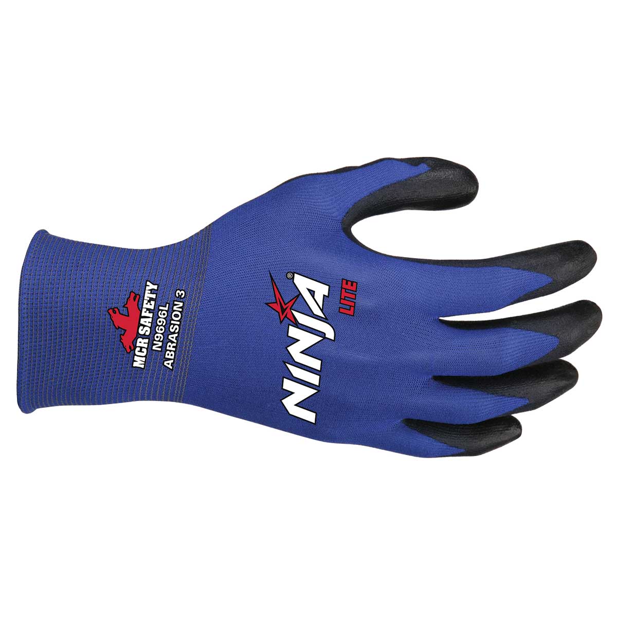 Front of the Ninja Lite 18 Gauge Blue Nylon Shell PU Coated Glove