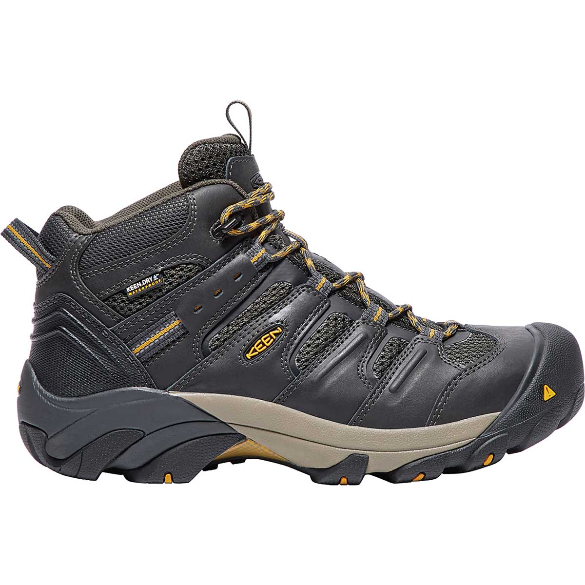 Side view of the raven KEEN Utility Men's Lansing Mid Waterproof Steel Toe Hiker Boots