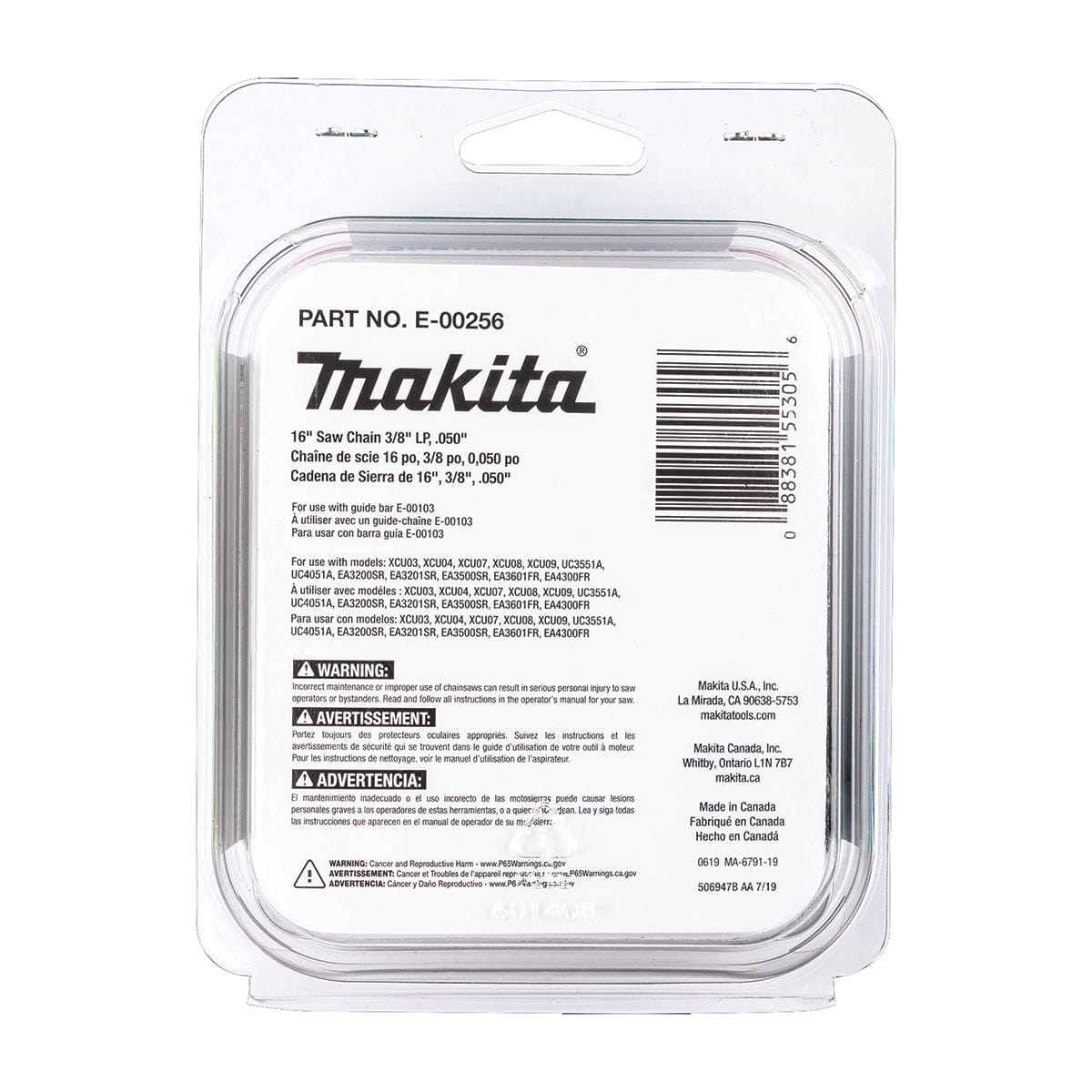 View of the back of the Makita 16" Chainsaw Chain, .050"