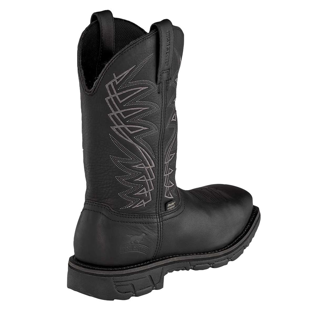 Closeup of the heel of the black Irish Setter Men's Marshall 11" Steel Toe Pull-On Boots