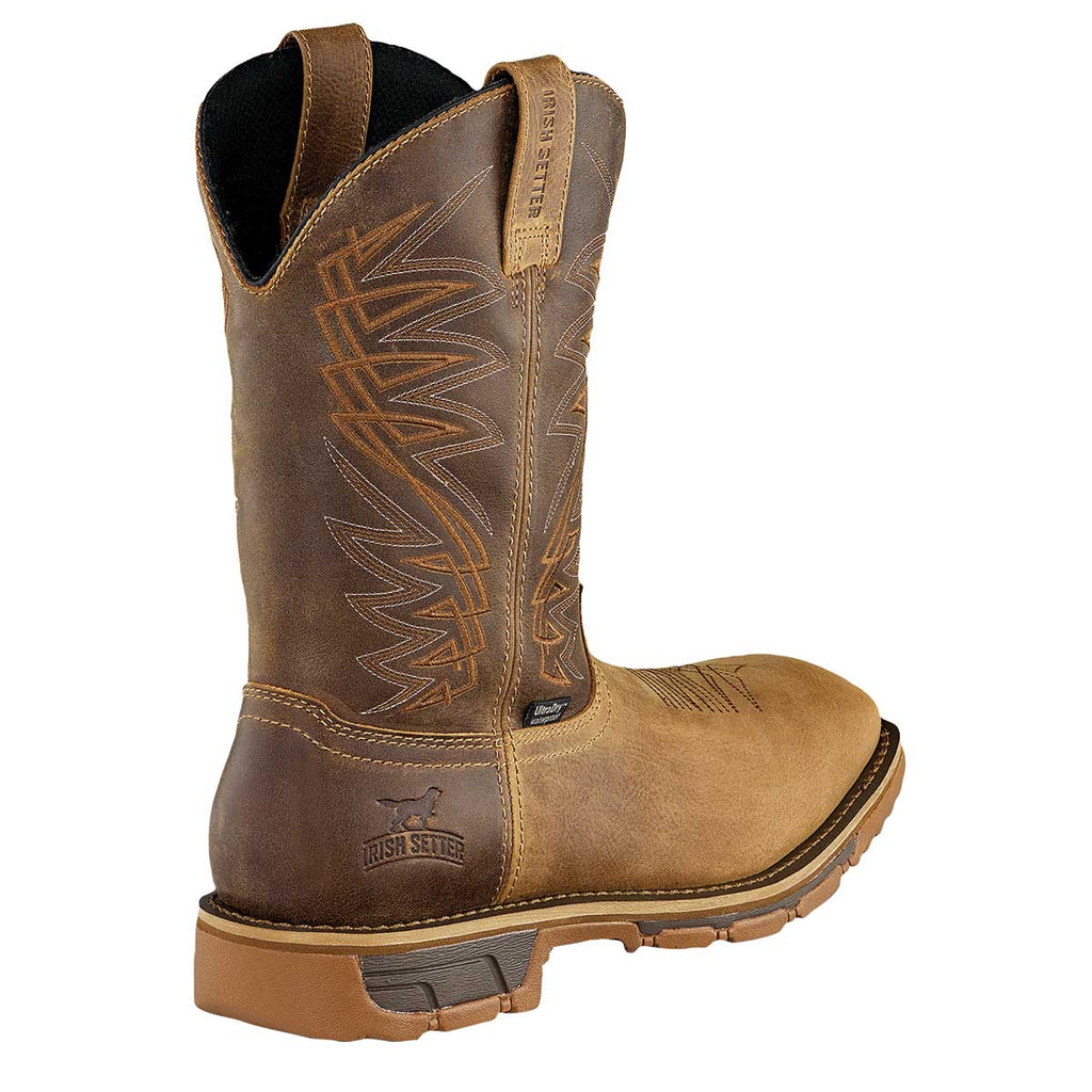 Closeup of the heel of the brown Irish Setter Men's Marshall 11" Steel Toe Pull-On Boots