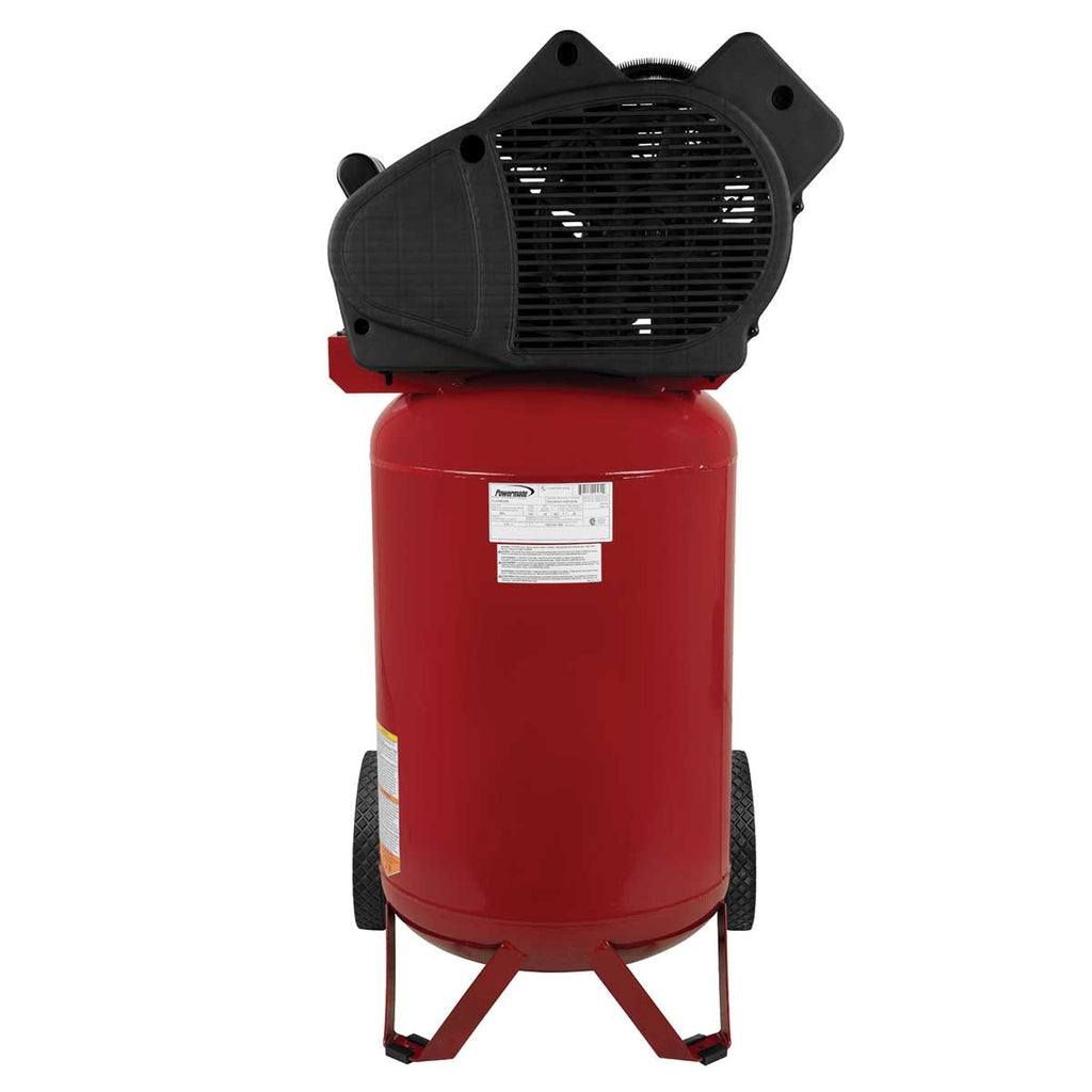 View of the back of the Powermate 30-Gallon Vertical V-Twin Cast Iron Pump Air Compressor