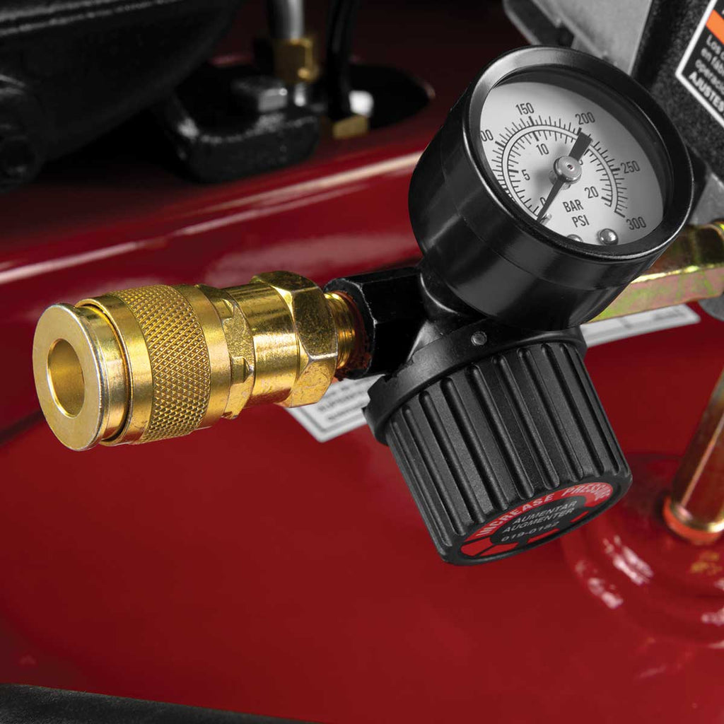 Closeup of Powermate 30-Gallon Vertical V-Twin Cast Iron Pump Air Compressor