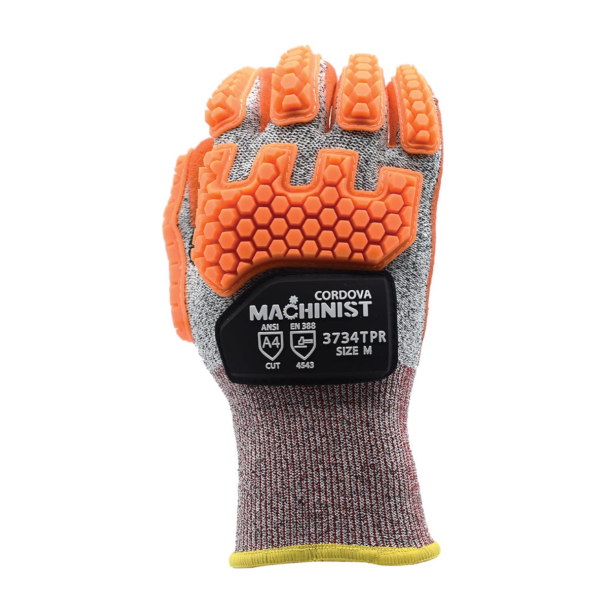 View of the back of the Cordova MACHINIST Impact and Cut Resistant Nitrile Palm Knit Gloves