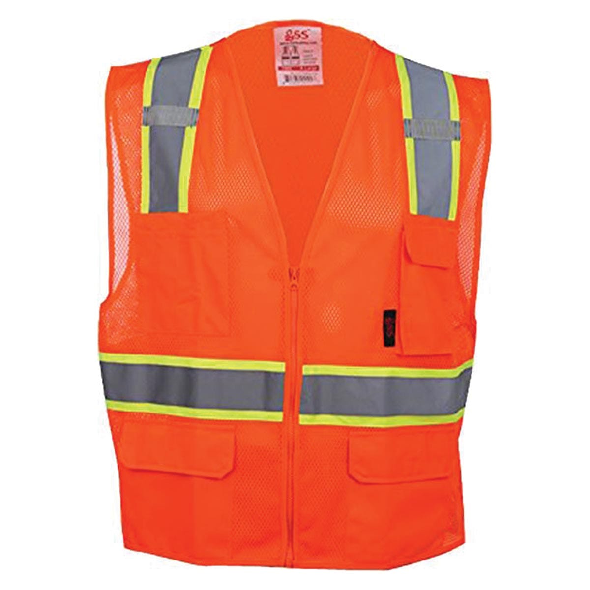 Orange GSS Safety ANSI 2 Premium Multi-Purpose Two Tone Mesh Hi-Vis Vest with Zipper and 6 Pockets