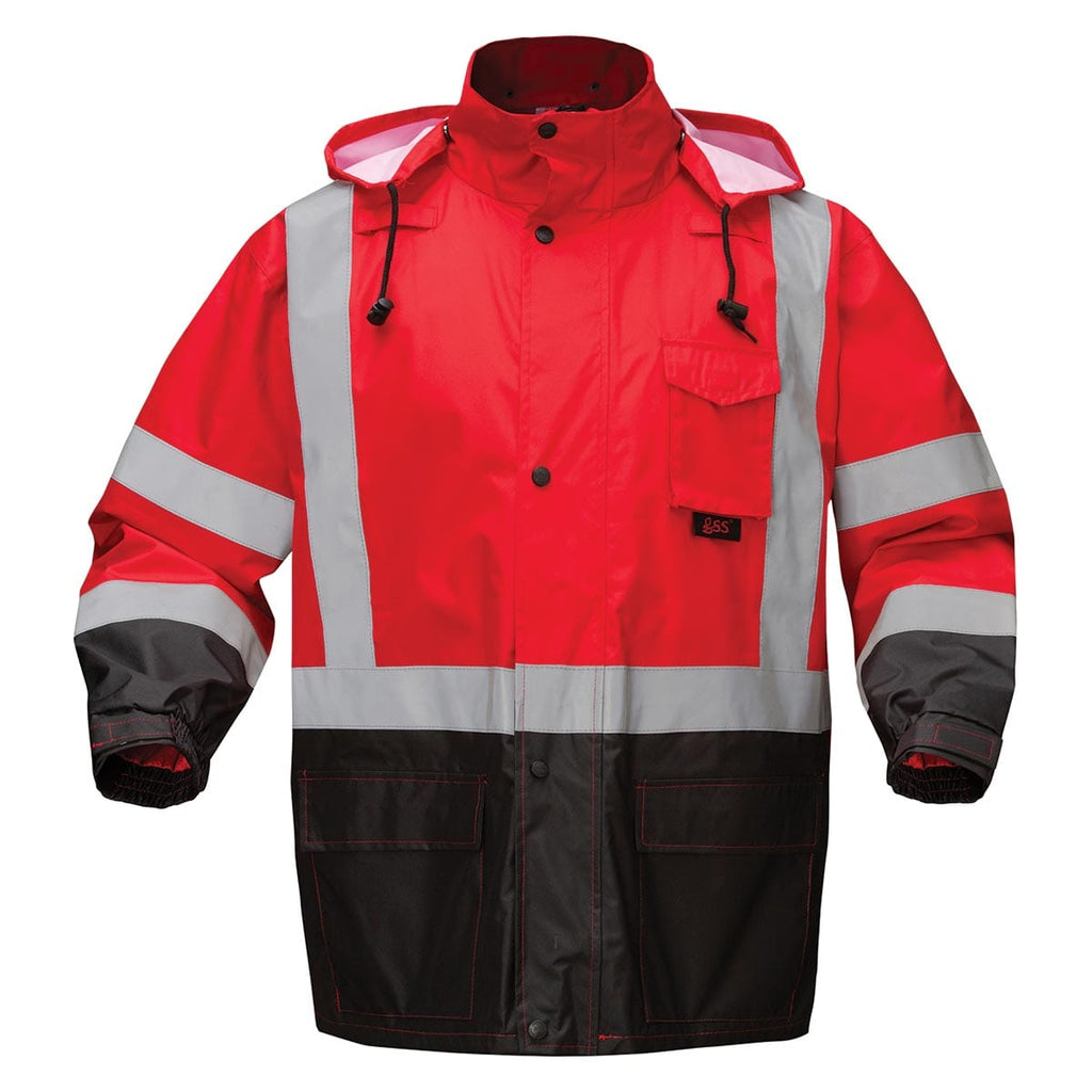 Red GSS Safety Non-ANSI Multi Color Premium Hooded Enhanced Visibility Rain Coat