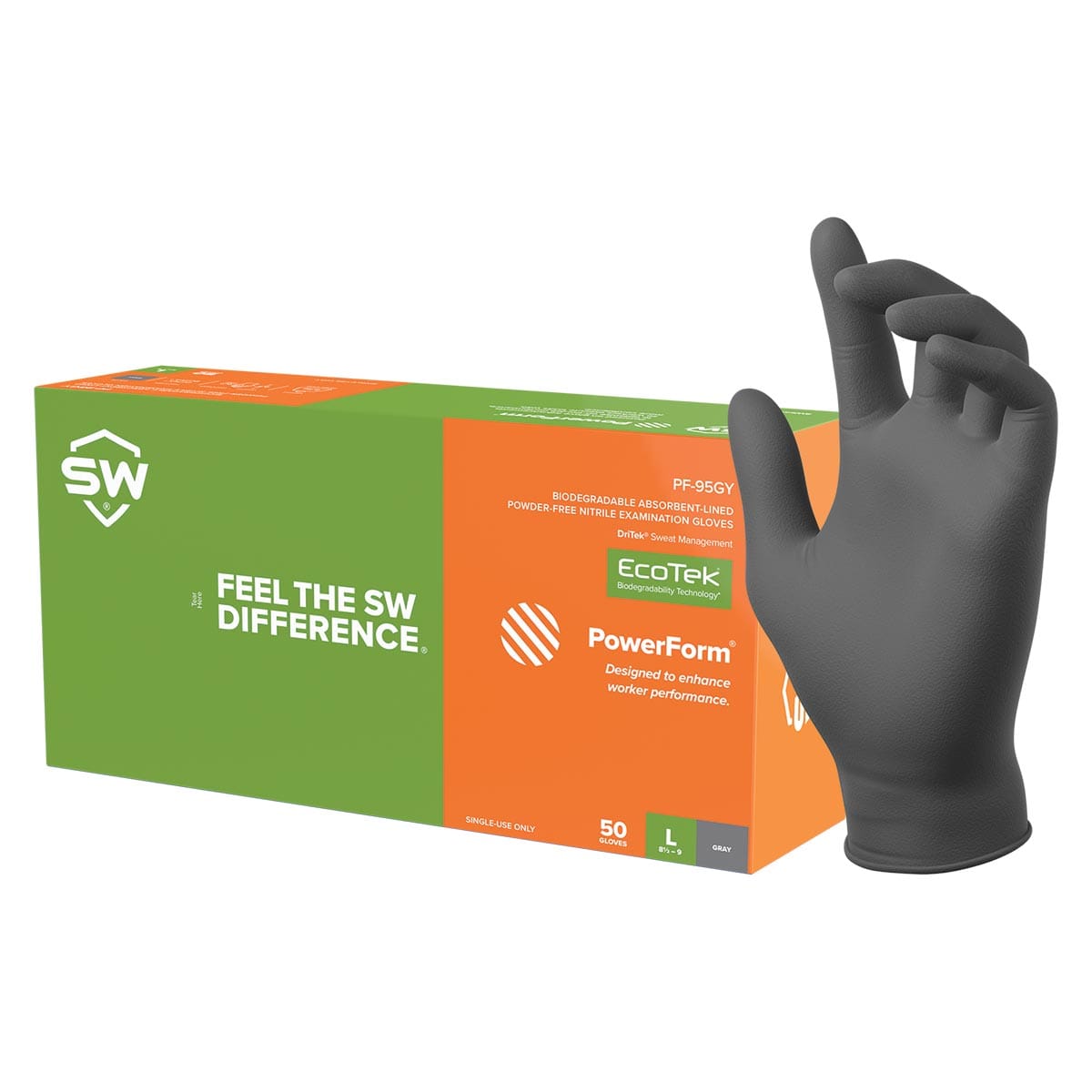 SW Safety PowerForm PF-95GY 6.2-mil Sweat-Absorbing Biodegradable Nitrile Gloves, 50pk