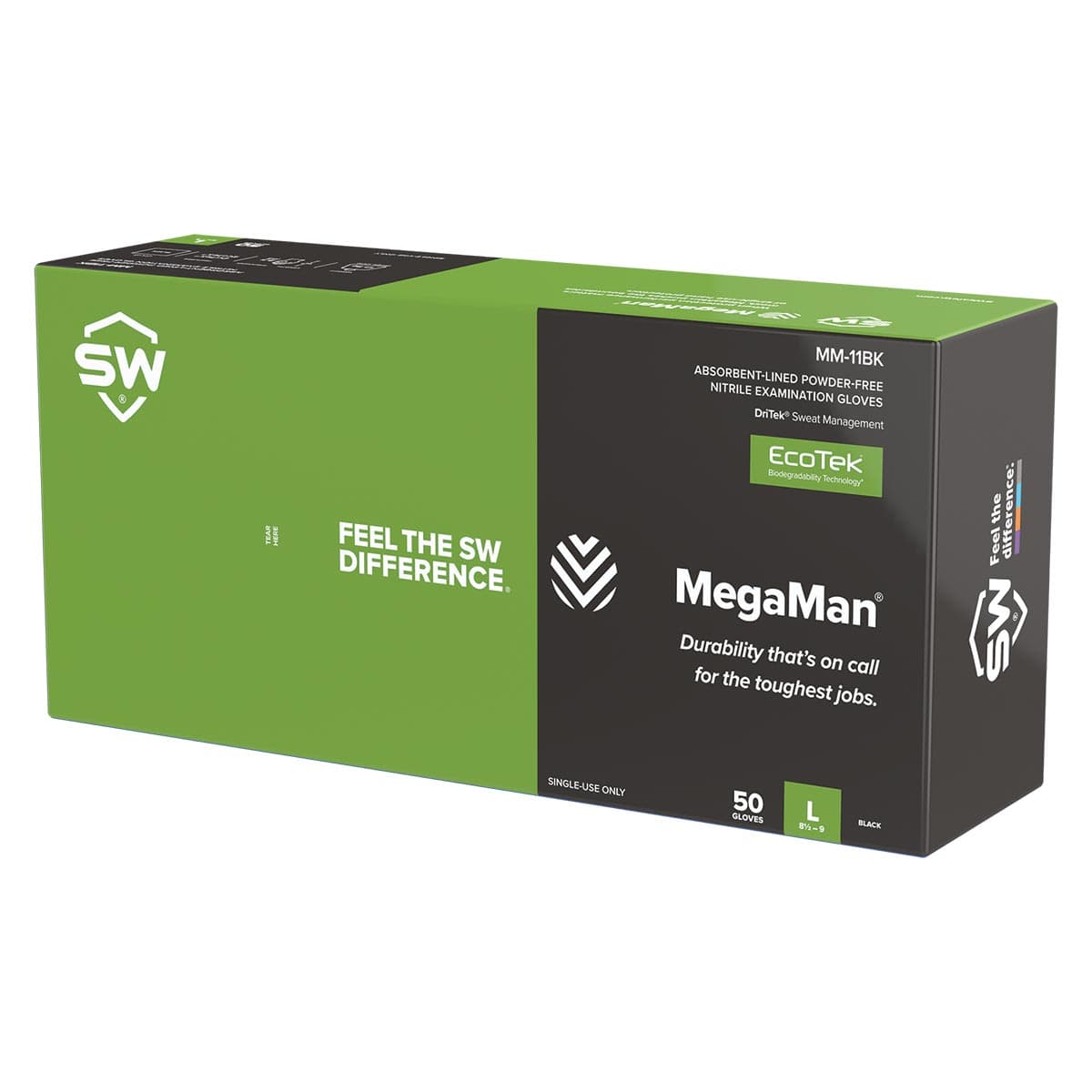 SW Safety MegaMan MM-11BK 8.5-mil Sweat-Absorbing Biodegradable Nitrile Gloves, 50pk