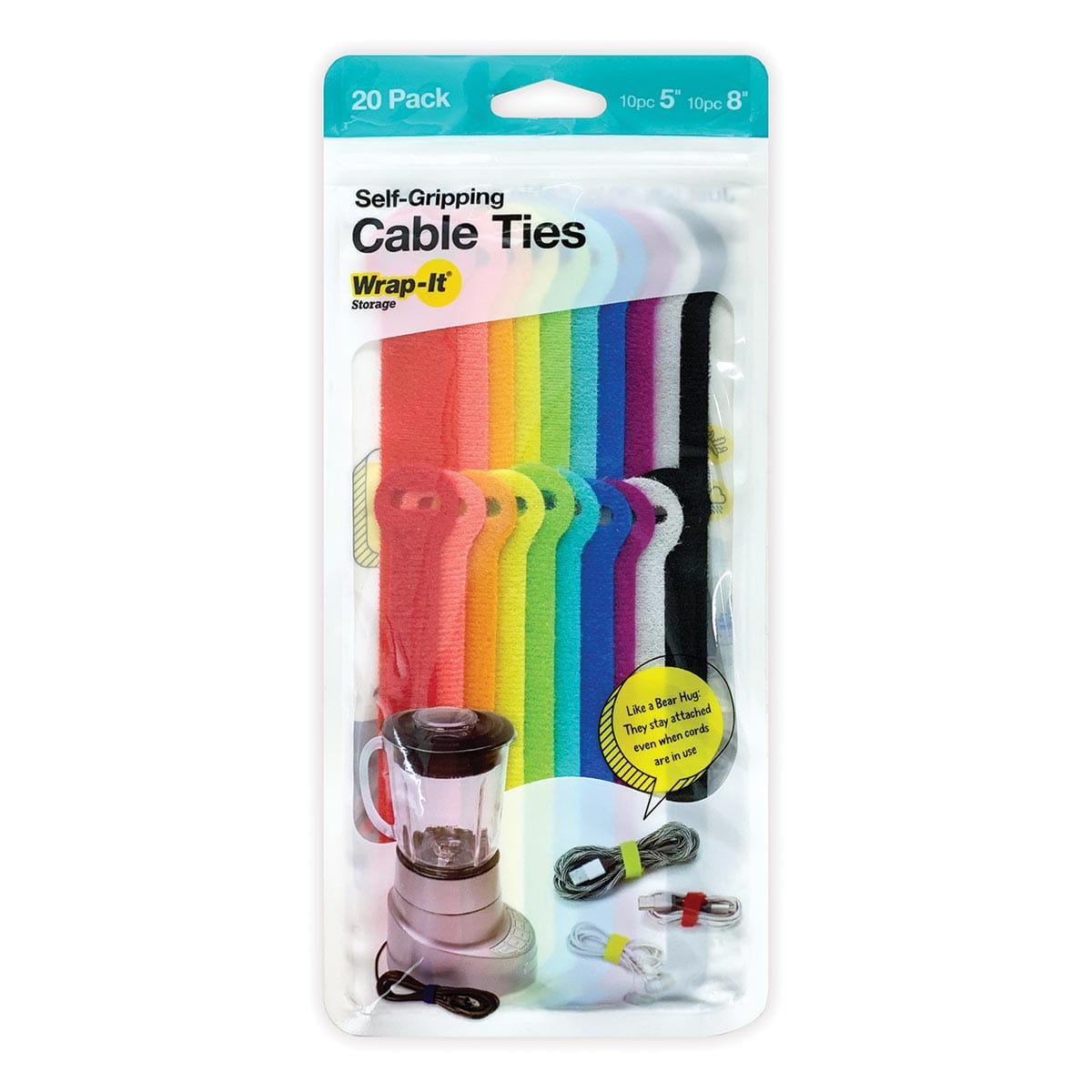 Wrap-It Storage Self-Gripping Cable Ties - 20-Pack in Assorted Sizes and Colors (5", 8")