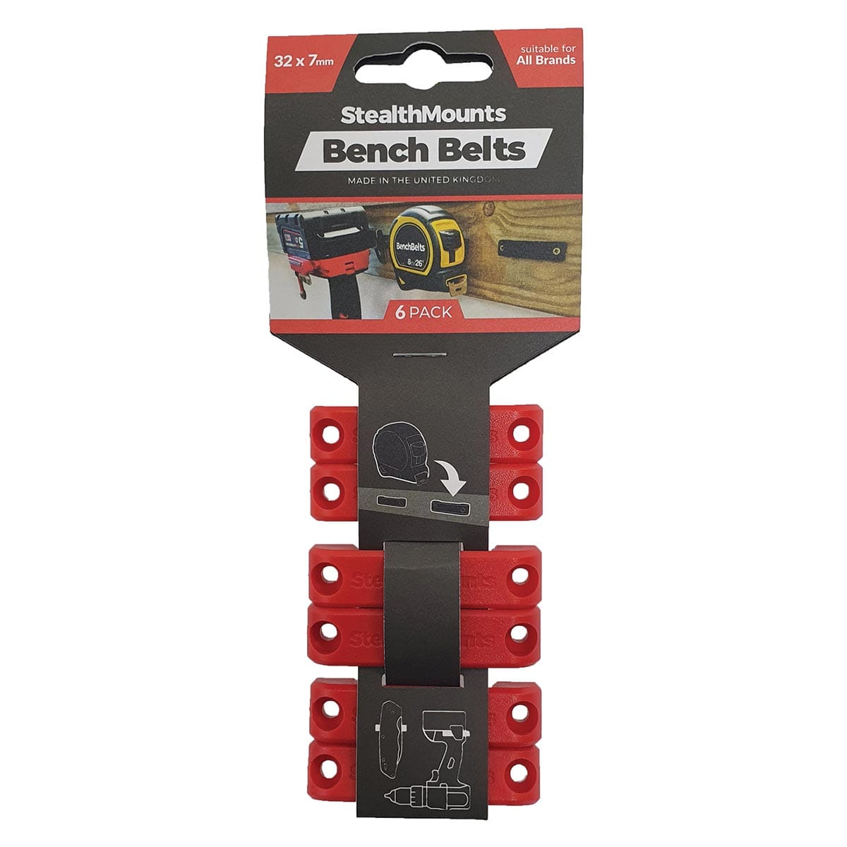 Stealthmounts Bench Belt Universal Tool Holders, Red, Pkg. of 6