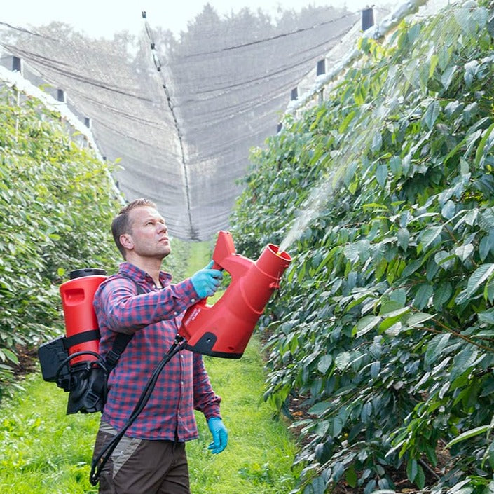 Birchmeier REC 15 AC1 Li-Ion Backpack Sprayer with AS1200 Modular Spray Blower in use