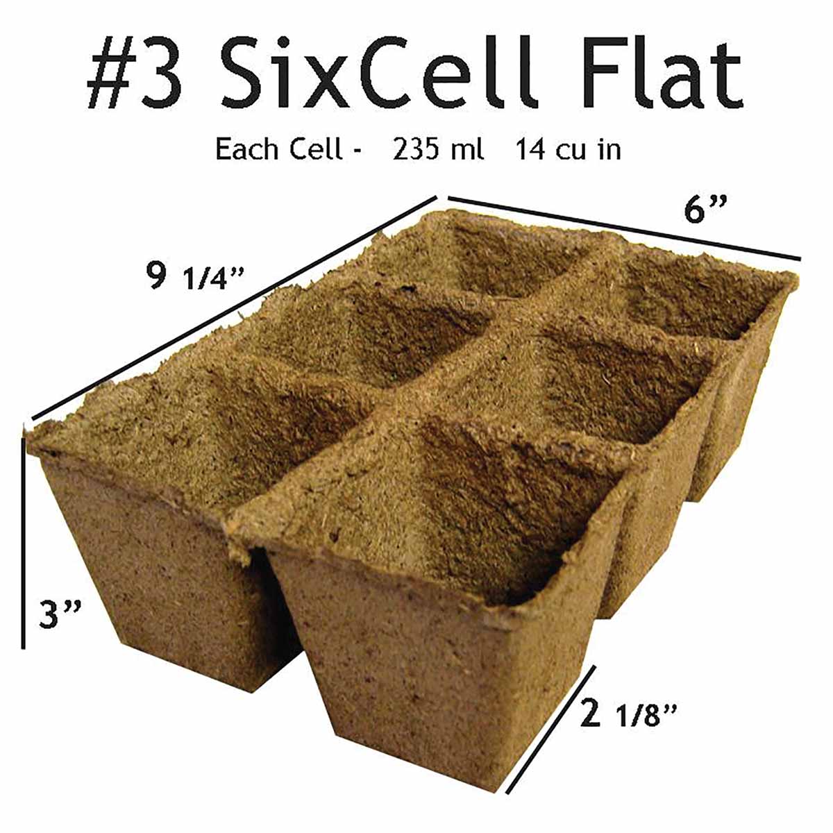 Image of #3 SixCell CowPots Volume 235 mL/cell with dimensions shown