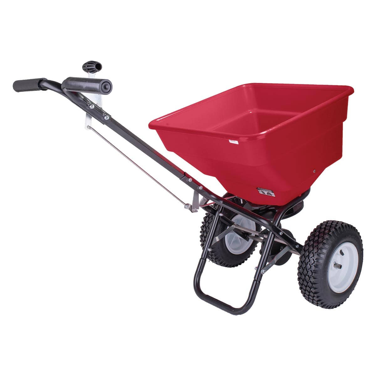 Side view of the EarthWay 100 lb Capacity Pneumatic Commercial Broadcast Spreader