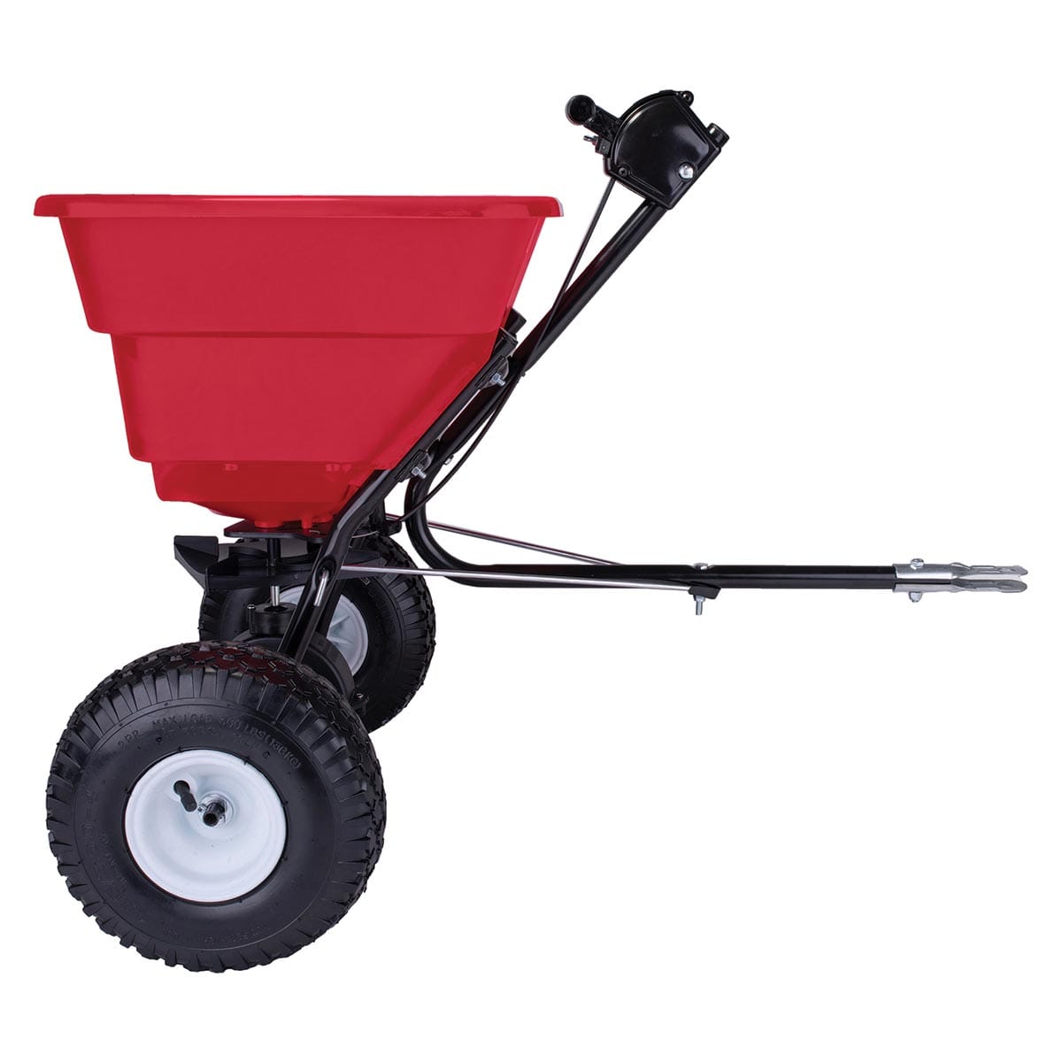 Side view of the EarthWay 80 lb. Pneumatic Pull-behind Broadcast Spreader