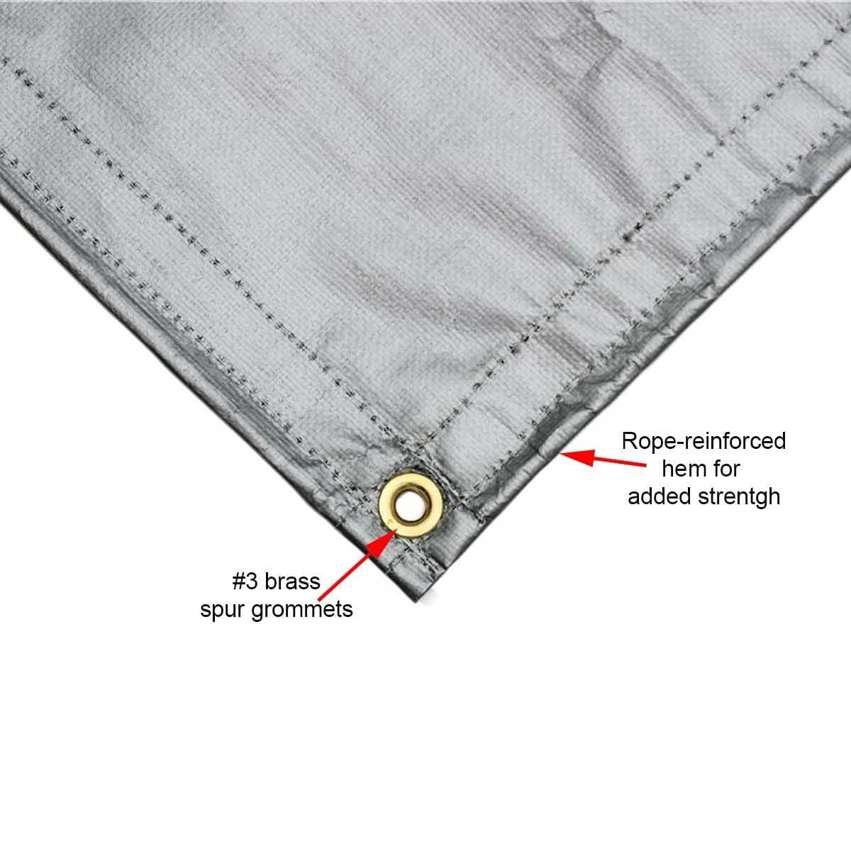 Premium 7-oz., Reinforced Poly Tarp with listed benefits, rope reinforced hem for added strength and brass spur grommets