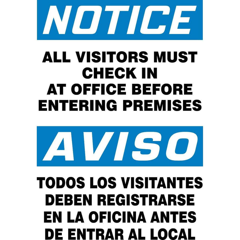"Notice - All Visitors Must Check In At Office" Bilingual Warning Sign