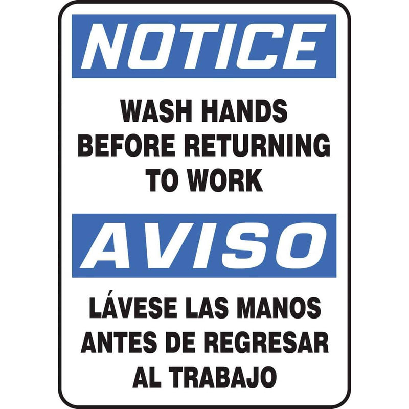 Bilingual "Wash Hands Before Returning To Work" Notice Sign