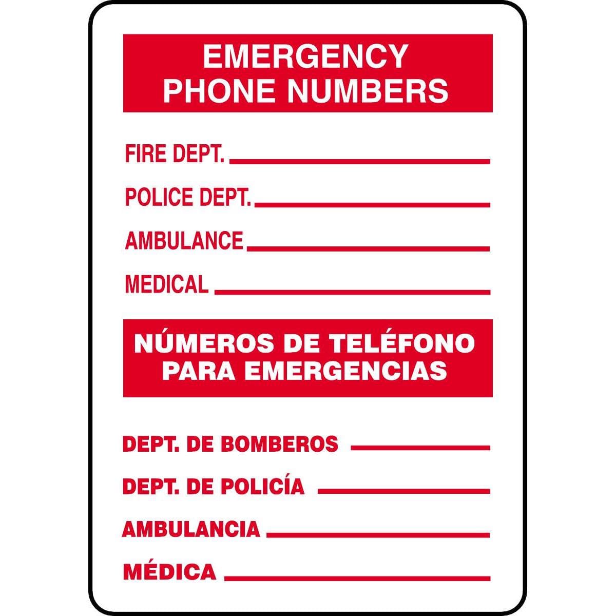 Bilingual Emergency Phone Numbers Sign