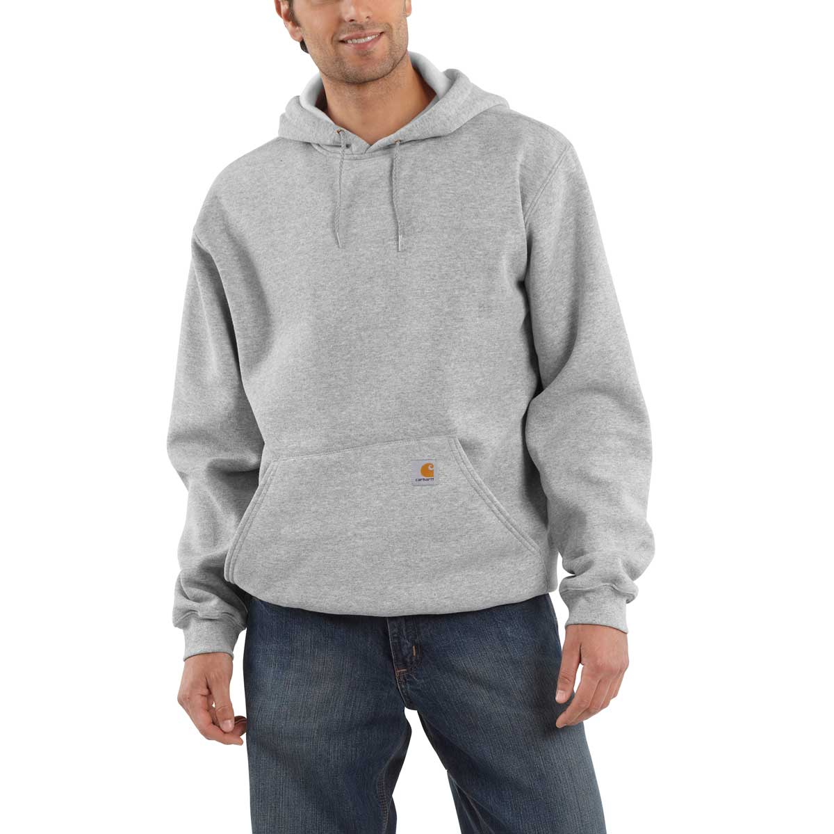 Heather Gray Carhartt K121 Hooded Pullover Sweatshirt on model