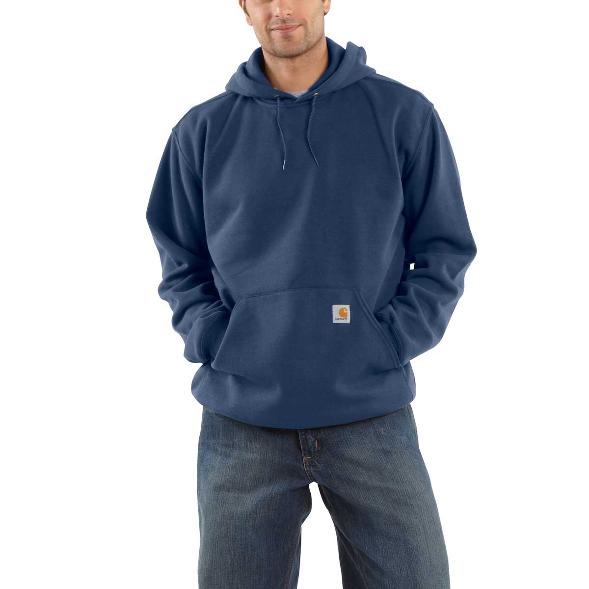 Navy Carhartt K121 Hooded Pullover Sweatshirt on model