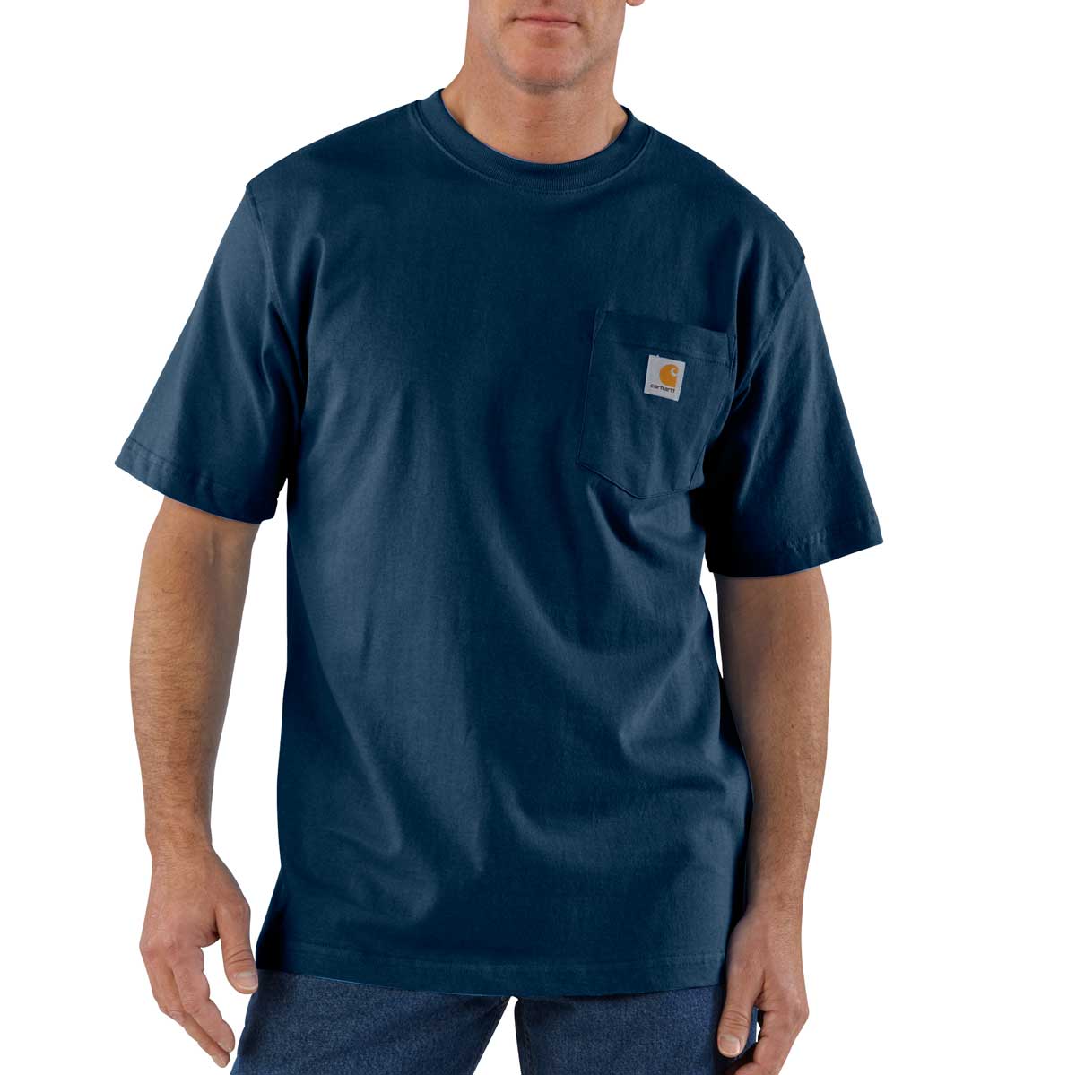 Navy Carhartt K87 Loose Fit Pocket T-Shirt | Sizes S-2XL Reg on model
