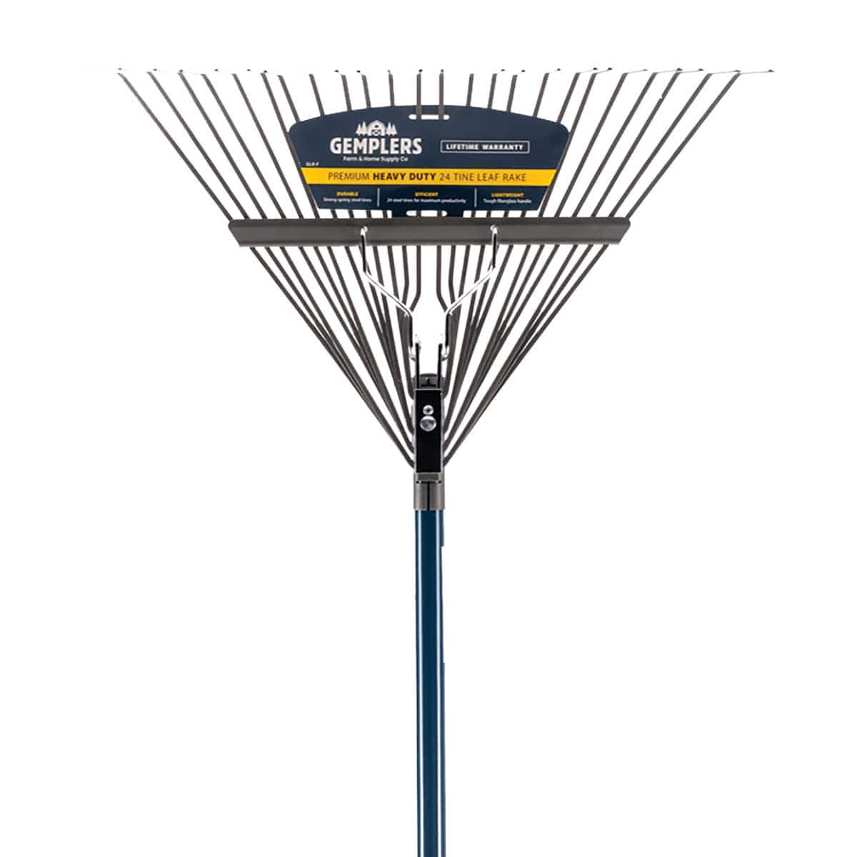 Closeup of Gemplers 24-Tine Spring Brace Steel Leaf Rake with Fiberglass Handle