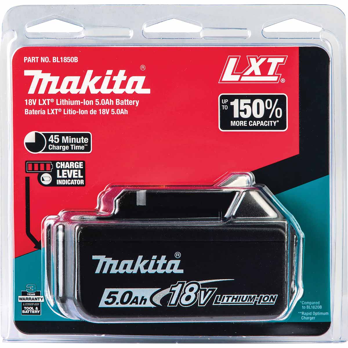 Front of the Makita BL1850B 18V LXT® Lithium-Ion 5.0Ah Battery