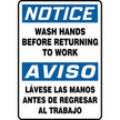 Spanish Bilingual OSHA Notice Safety Sign: Wash Hands Before Returning To Work 14