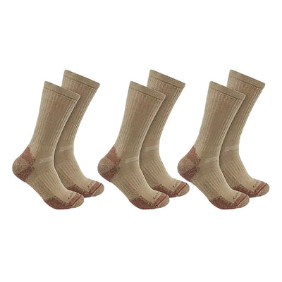 Khaki Carhartt Lightweight Cotton Blend 3 Pack Crew Socks