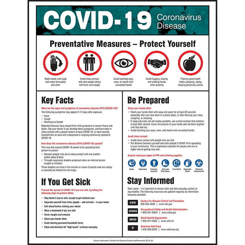 Safety Poster: COVID-19 Coronavirus Disease 22" x 17"