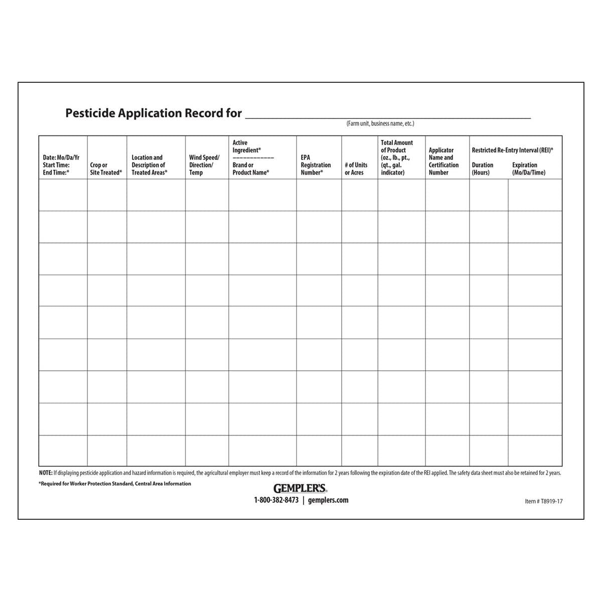 herbicide application record Gemplers WPS Pesticide Application Posting Sheets
