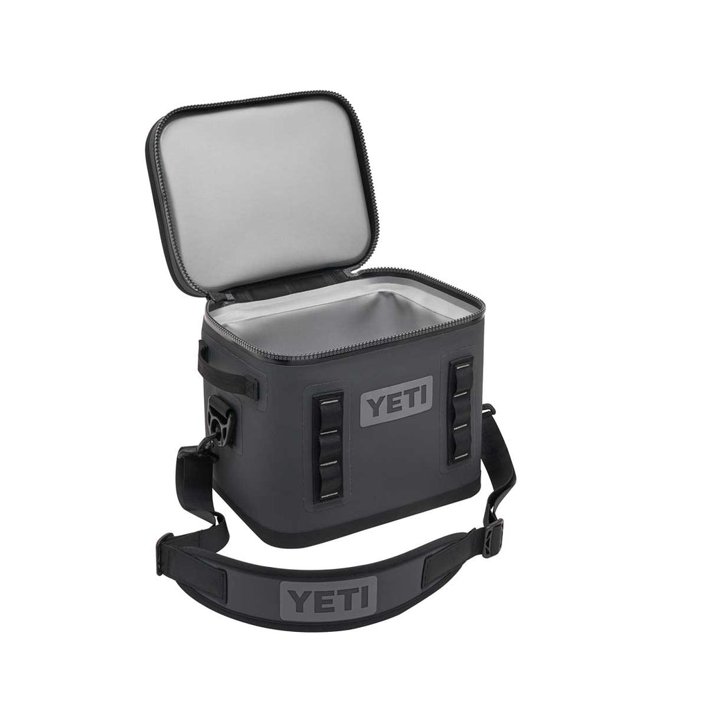 Charcoal YETI Hopper Flip 12 Soft Sided Cooler with lid open