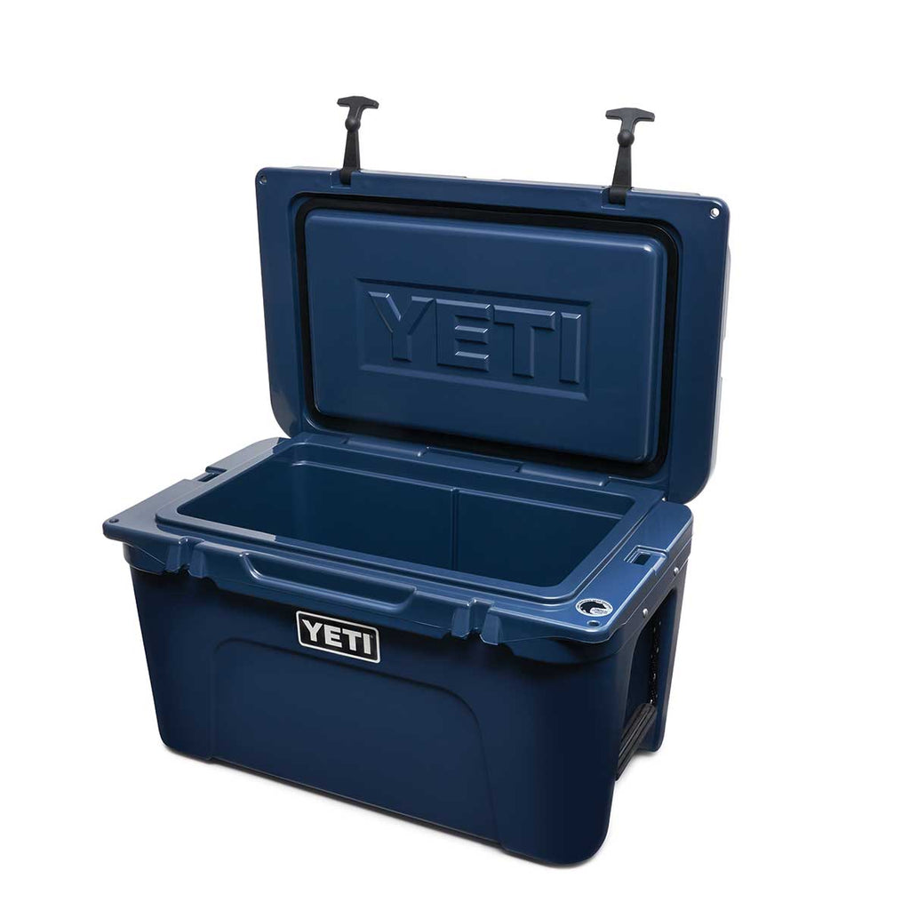 Navy colored YETI Tundra 45 with the top open